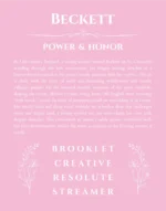 Beckett personalized name print with origin and traits in light pink