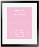 Beckett personalized name print with origin and traits in light pink with black matte frame