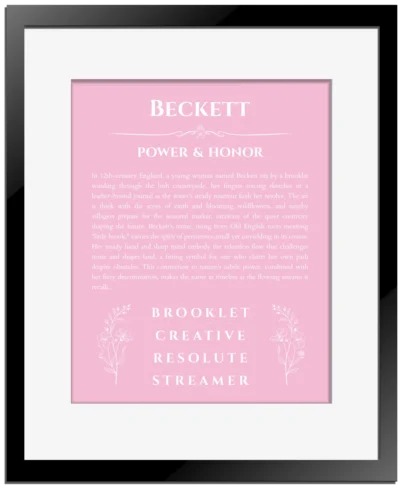 Beckett personalized name print with origin and traits in light pink with black matte frame