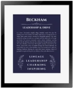 Beckham name origin print with meaning and traits in navy blue with black matte frame