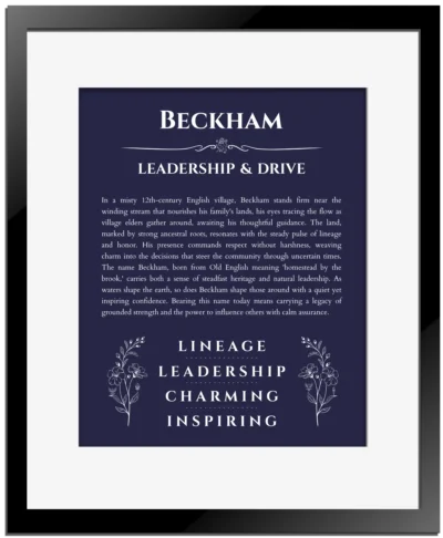 Beckham name origin print with meaning and traits in navy blue with black matte frame