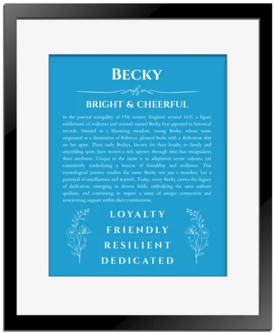 Becky name meaning wall art by Get Your Story in blue with black matte frame