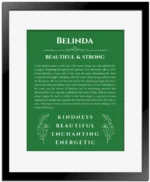 Belinda personalized name meaning print in dark green with black matte frame