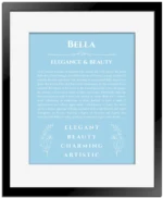 Bella custom name art showing meaning and origin in light blue with black matte frame