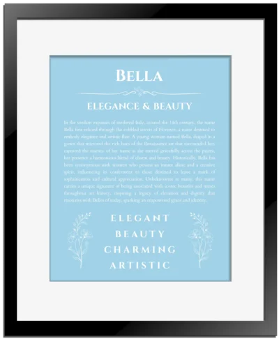 Bella custom name art showing meaning and origin in light blue with black matte frame