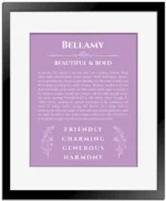 Bellamy name meaning gift print in light purple with black matte frame