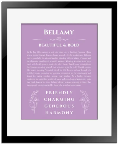 Bellamy name meaning gift print in light purple with black matte frame