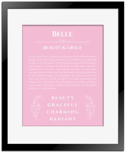 Belle custom name print for wall display in light pink with black matte frame