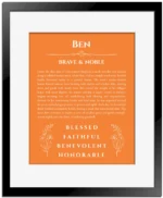 Ben personalized name print with origin and traits in orange with black matte frame