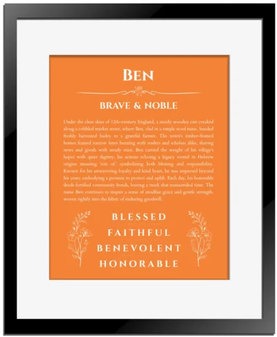 Ben personalized name print with origin and traits in orange with black matte frame