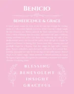 Benicio personalized name print with origin and traits in light pink