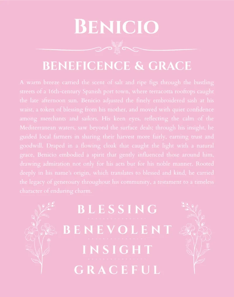 Benicio personalized name print with origin and traits in light pink