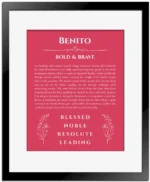 Benito custom name meaning print in red with black matte frame