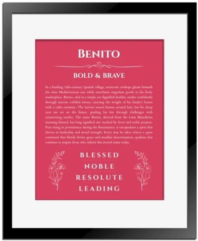 Benito custom name meaning print in red with black matte frame