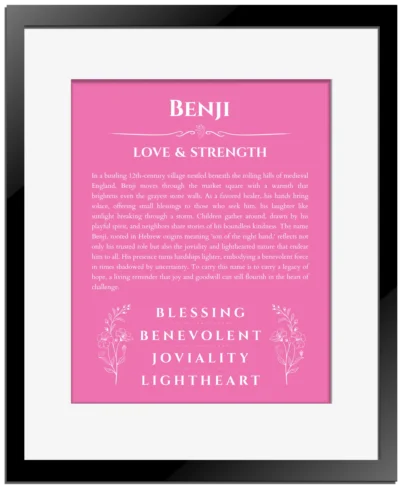 Benji custom name print for wall display in pink with black matte frame