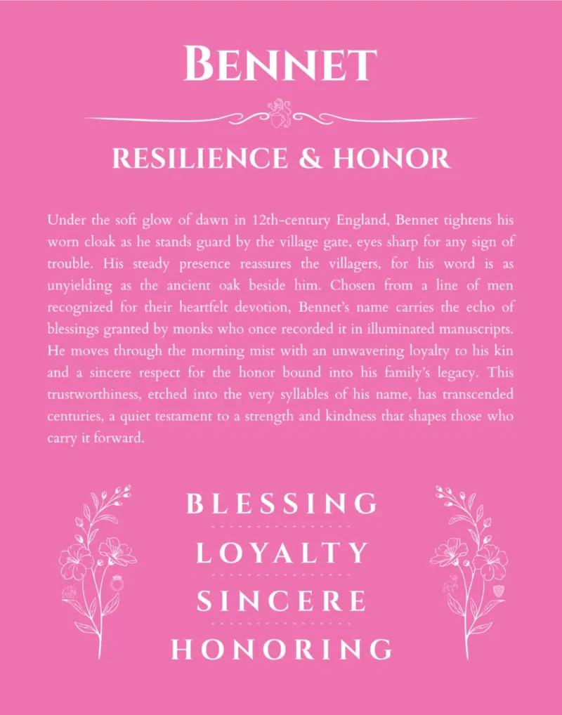 Bennet name origin print with meaning and traits in pink
