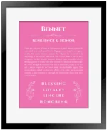 Bennet name origin print with meaning and traits in pink with black matte frame