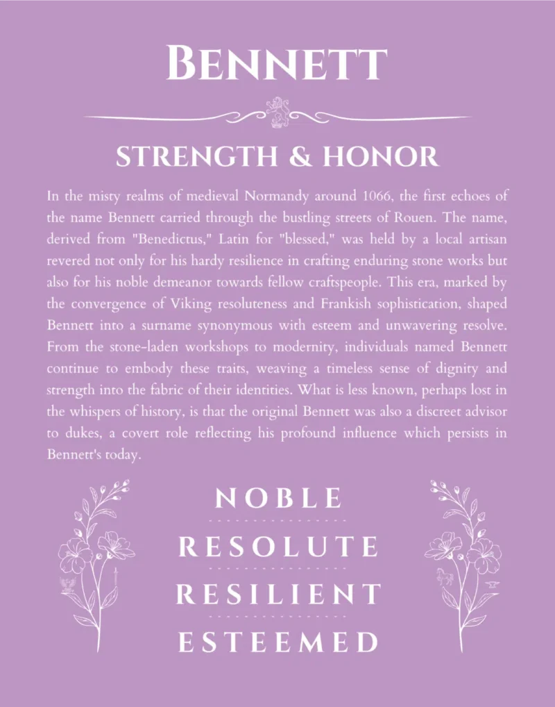 Bennett personalized name print with origin and traits in light purple
