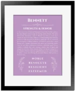 Bennett personalized name print with origin and traits in light purple with black matte frame