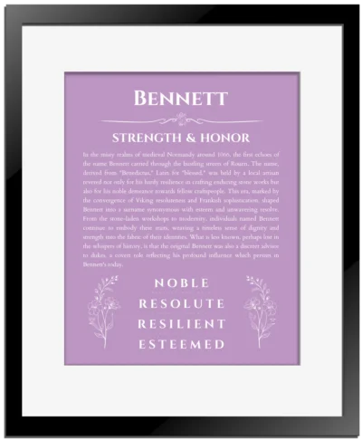 Bennett personalized name print with origin and traits in light purple with black matte frame