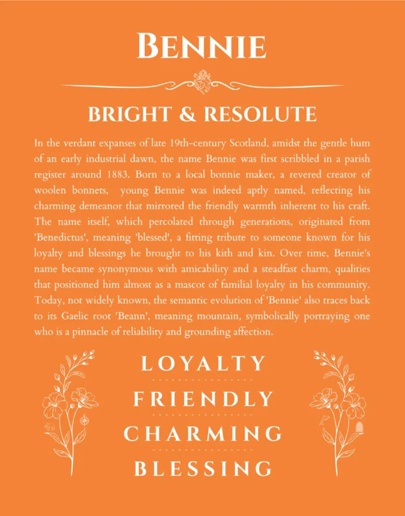 Bennie name origin print with meaning and traits in orange