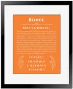 Bennie name origin print with meaning and traits in orange with black matte frame