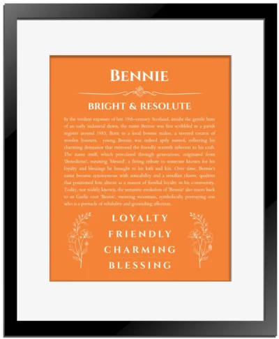 Bennie name origin print with meaning and traits in orange with black matte frame