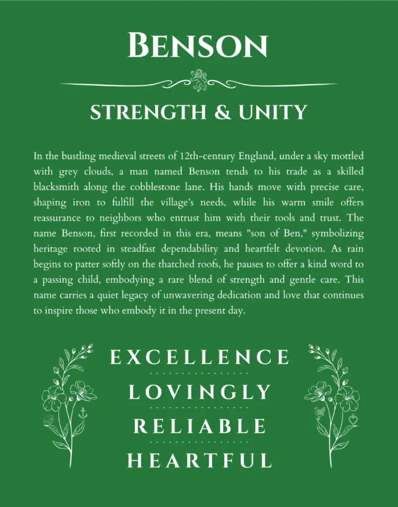 Benson custom name art showing meaning and origin in dark green