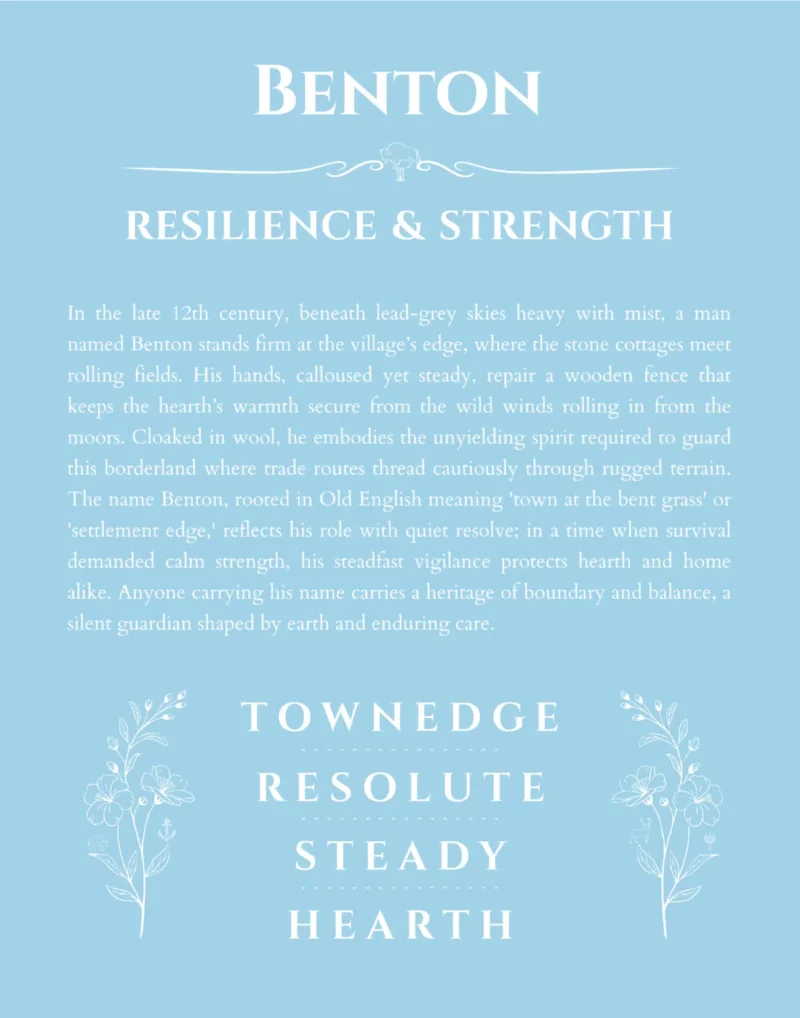 Benton personalized name print with origin and traits in light blue