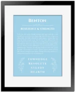 Benton personalized name print with origin and traits in light blue with black matte frame