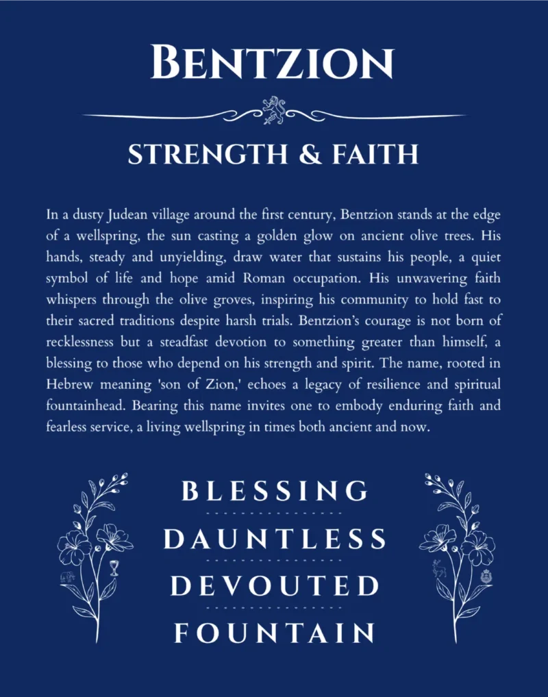 Bentzion personalized name print with origin and traits in deep blue