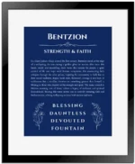 Bentzion personalized name print with origin and traits in deep blue with black matte frame