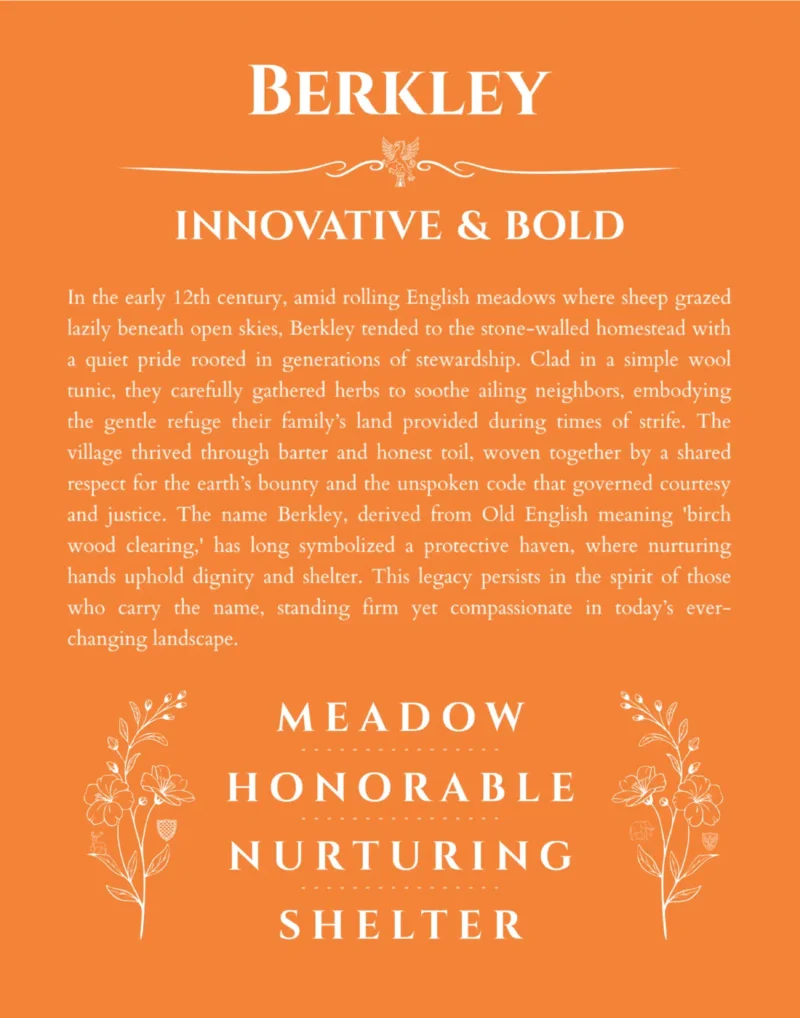 Berkley name origin print with meaning and traits in orange