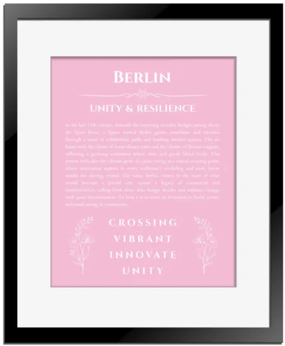 Berlin custom name print for wall display in light pink with black matte frame