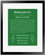 Bernadette name meaning wall art by Get Your Story in dark green with black matte frame