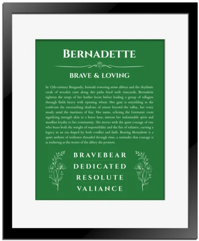 Bernadette name meaning wall art by Get Your Story in dark green with black matte frame