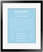 Bernardo custom name print for wall display in light blue with black matte frame