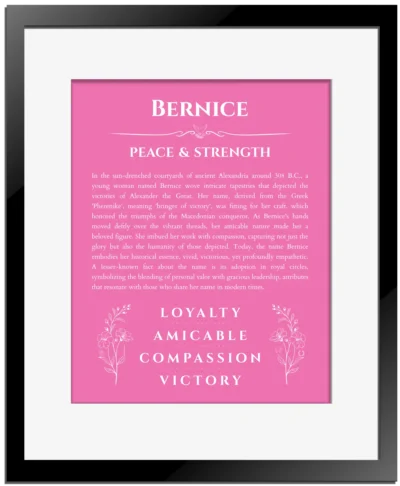 Bernice name meaning wall art by Get Your Story in pink with black matte frame