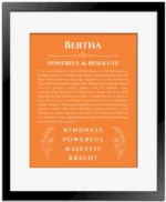 Bertha custom name meaning print in orange with black matte frame