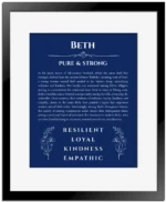 Beth name origin print with meaning and traits in deep blue with black matte frame