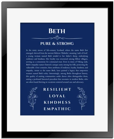 Beth name origin print with meaning and traits in deep blue with black matte frame