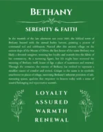 Bethany custom name art showing meaning and origin in dark green