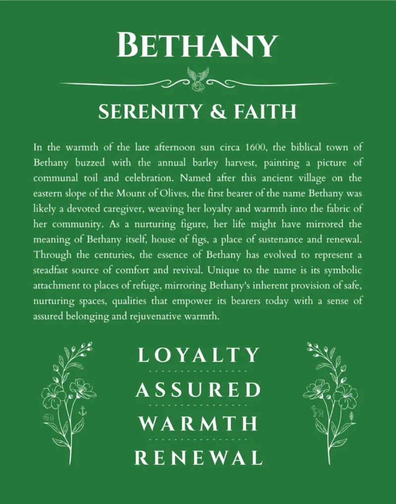 Bethany custom name art showing meaning and origin in dark green