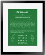Bethany custom name art showing meaning and origin in dark green with black matte frame