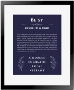 Betsy custom name meaning print in navy blue with black matte frame