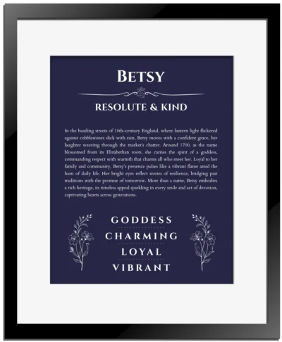 Betsy custom name meaning print in navy blue with black matte frame