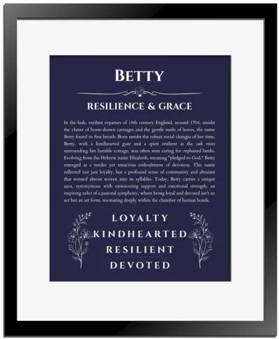 Betty custom name art showing meaning and origin in navy blue with black matte frame