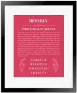 Beverly personalized name art with origin story in red with black matte frame