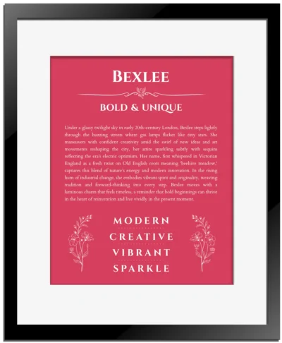 Bexlee personalized name art with origin story in red with black matte frame