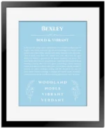 Bexley personalized name meaning print in light blue with black matte frame